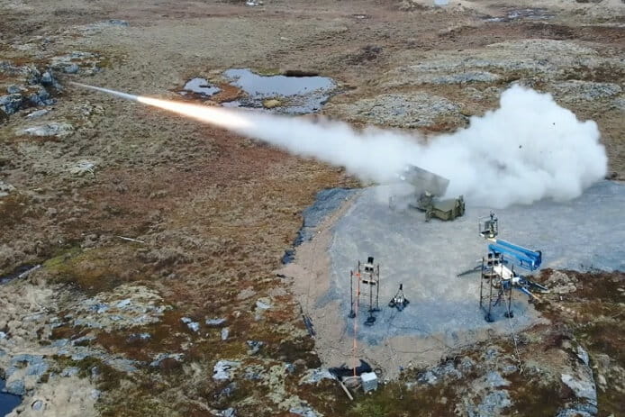 An AMRAAM-ER missile is fired from a NASAMS launcher during a test exercise