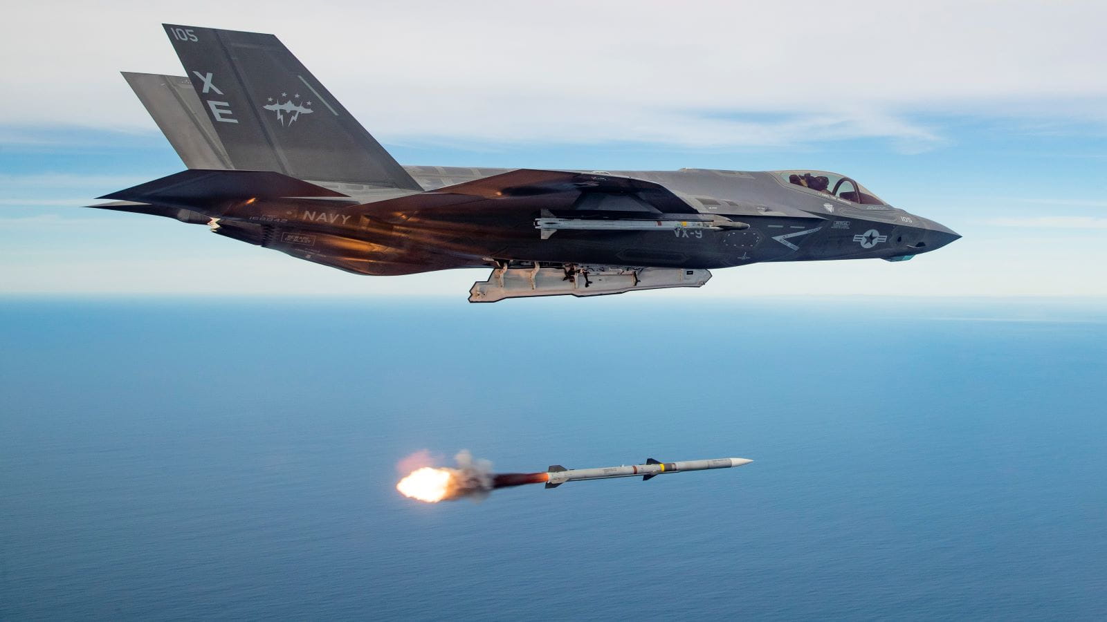 An AMRAAM missile is fired from an F-35