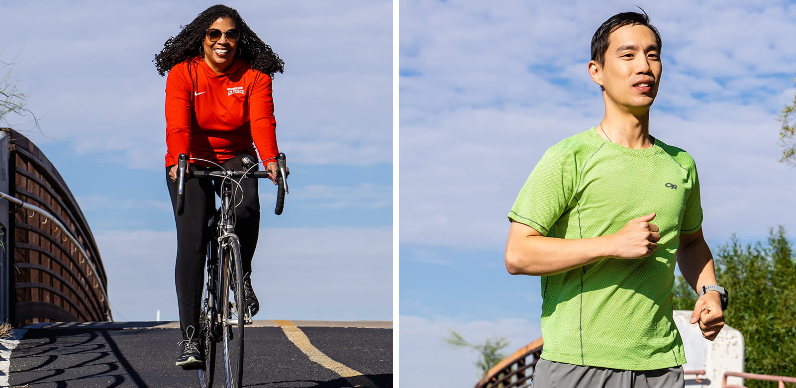 Two side-by-side images of employees being active. 