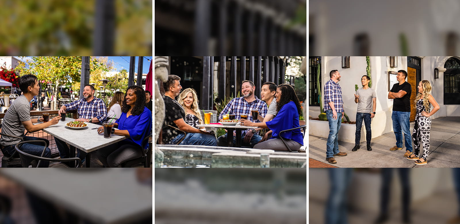 Three side-by-side images showing groups of people enjoying the dining options in Tucson. 