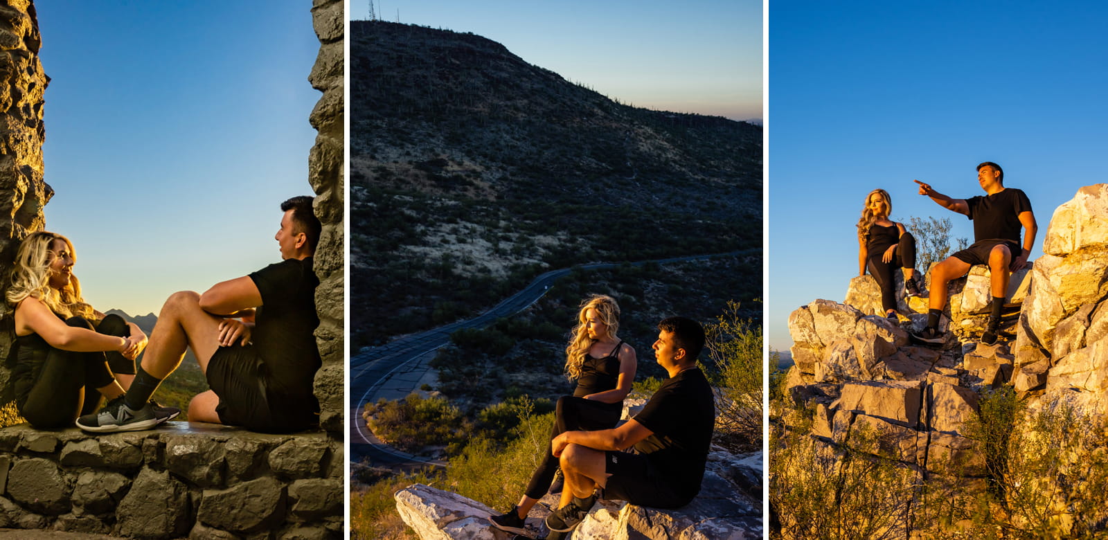Three side-by-side images show two people hiking in Sentinel Peak in Tucson.