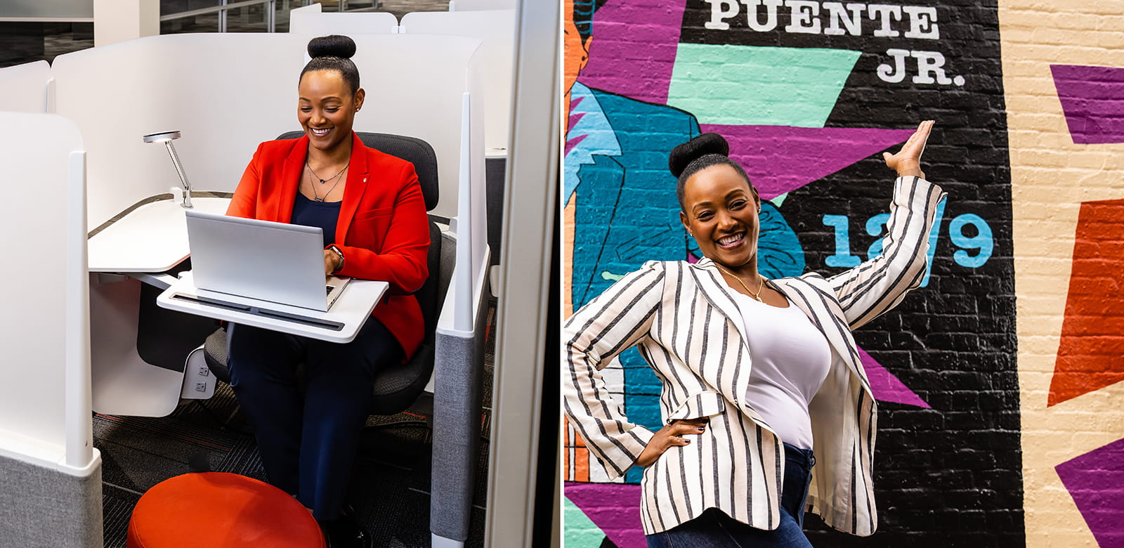 Two side-by-side images showing an employee in the office and downtown Tucson. 