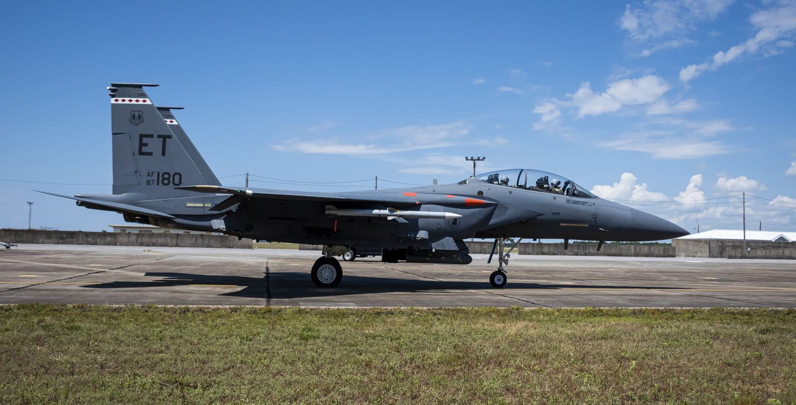 An F-15E Strike Eagle equipped with an AIM-120 D3 taxies at Eglin Air Force Base, FL for the first live-fire test of an AMRAAM F3R missile against a target. (Photo: 1st Lt. Lindsey Heflin, U.S. Air Force)