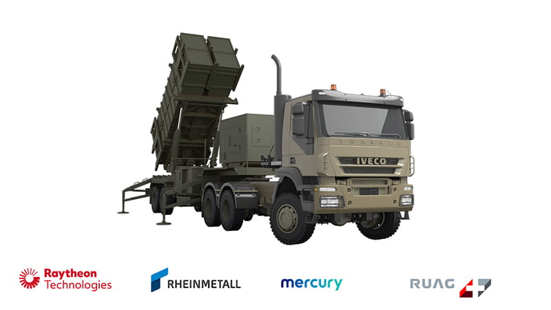 An artist's rendering of the Patriot missile launcher and the logos of the Patriot Switzerland team. 