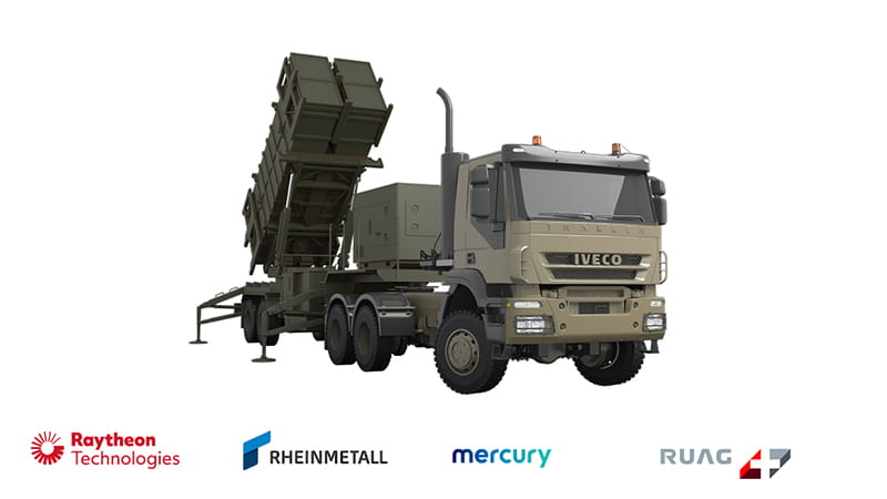 An artist's rendering of the Patriot missile launcher and the logos of the Patriot Switzerland team.