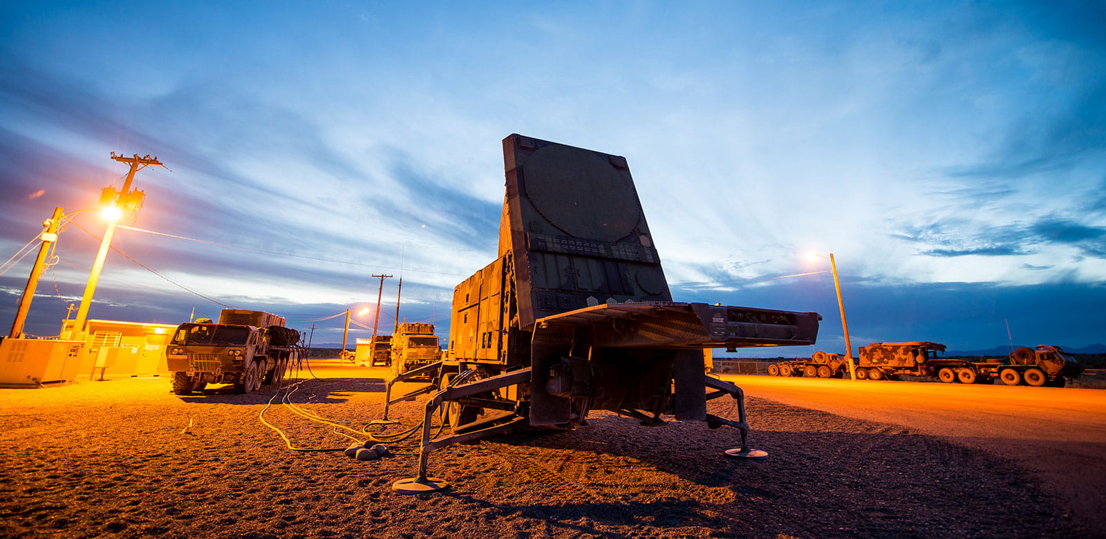 Patriot radar with a twilight sky in the background.