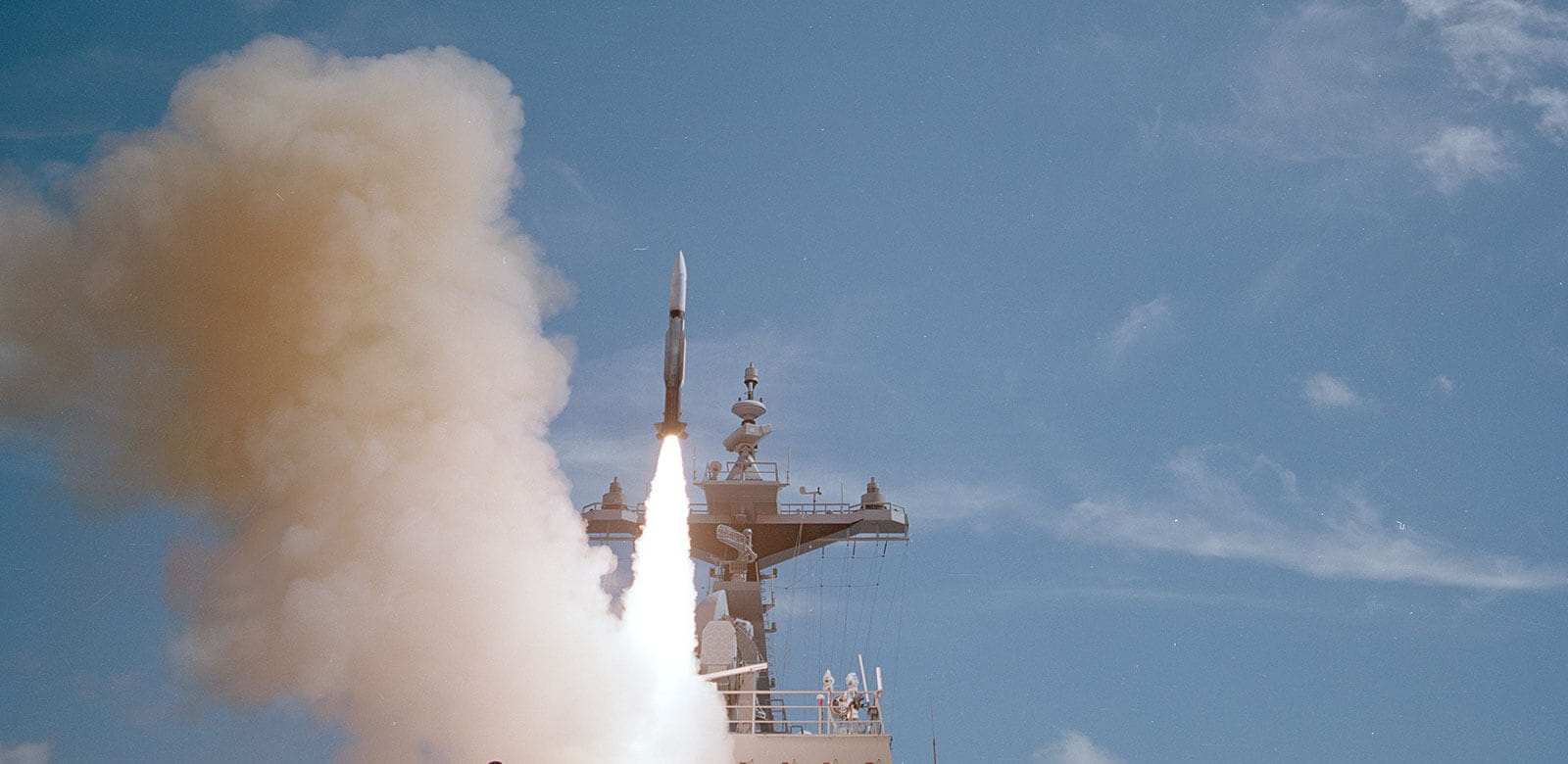 SM-2 missile being deployed off a destroyer