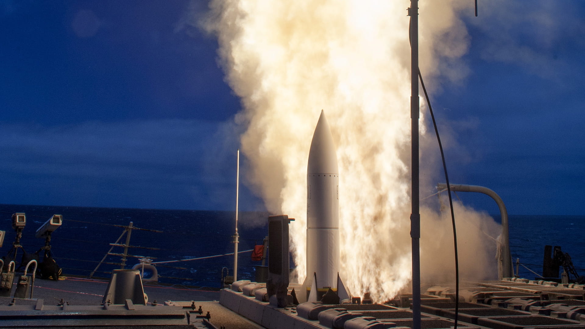 SM-6 missile launching from a ship