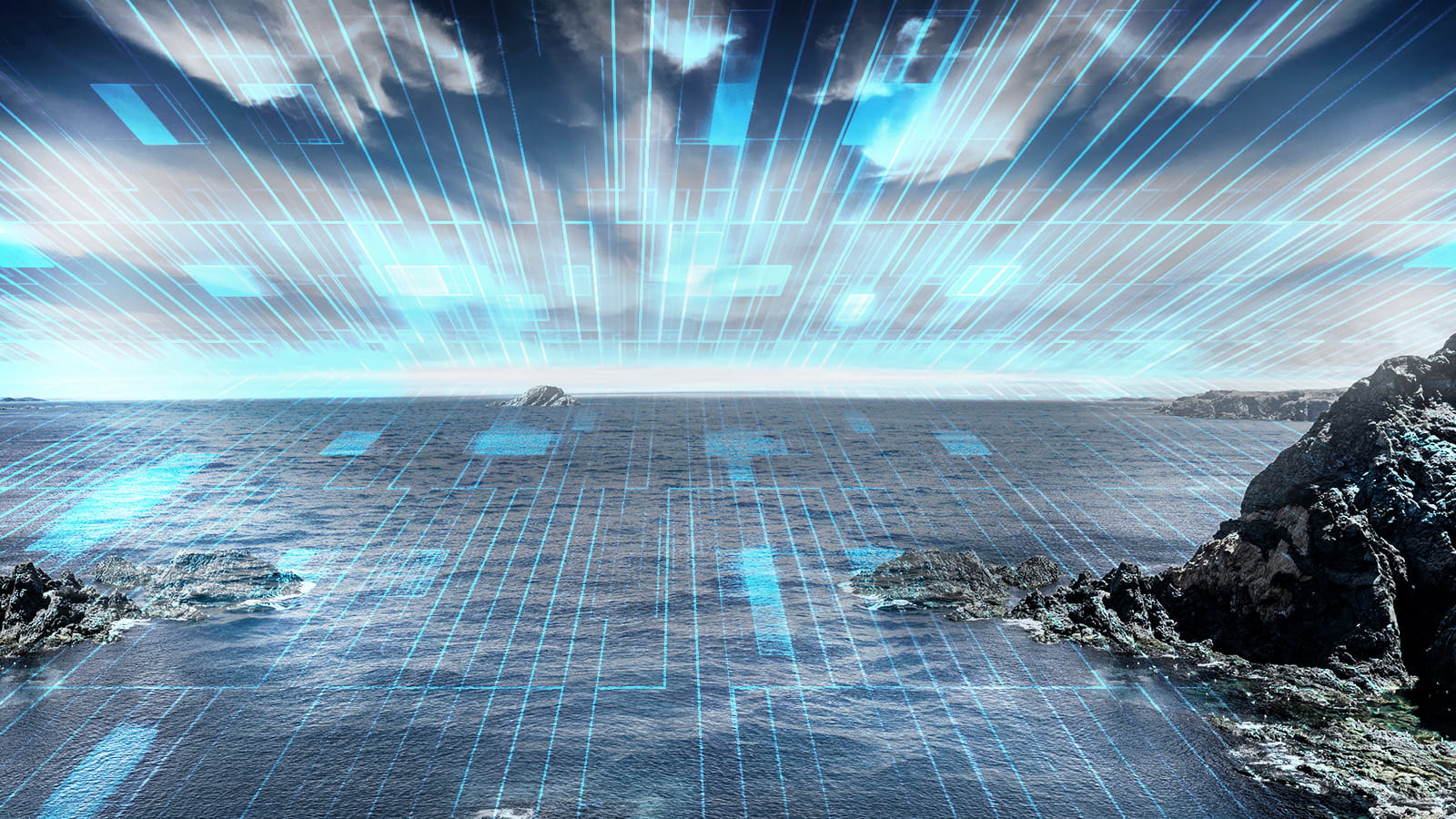 An artist's rendering of the sea and coastline with radio waves to depict ground and ship-based defense sensors.