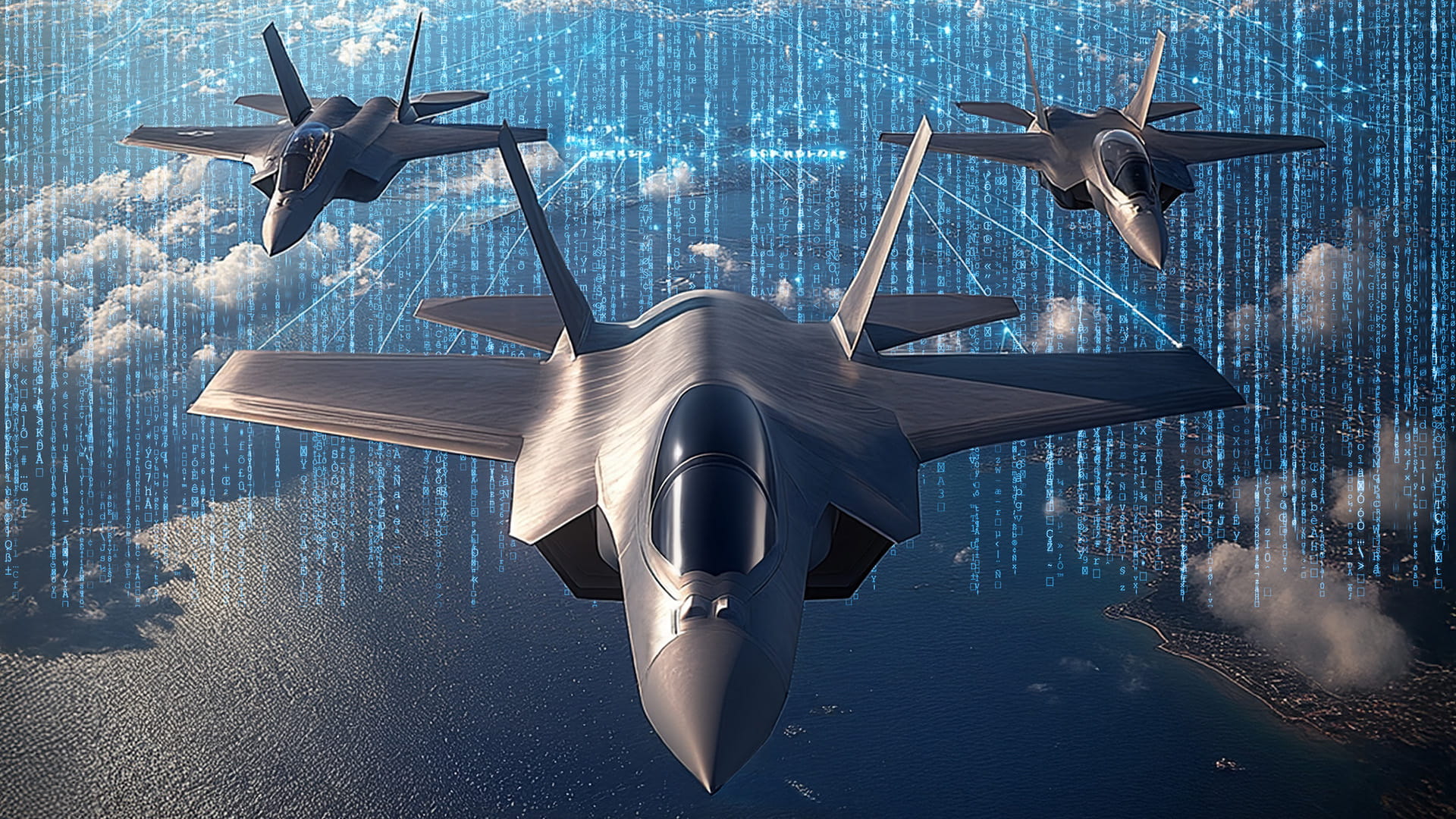 render of fighter aircraft over water