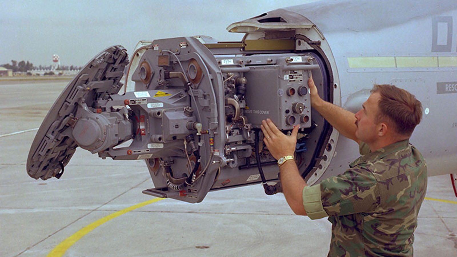 The APG-65 mechanically scanned array radar for the McDonnell Douglas F/A-18 Hornet.