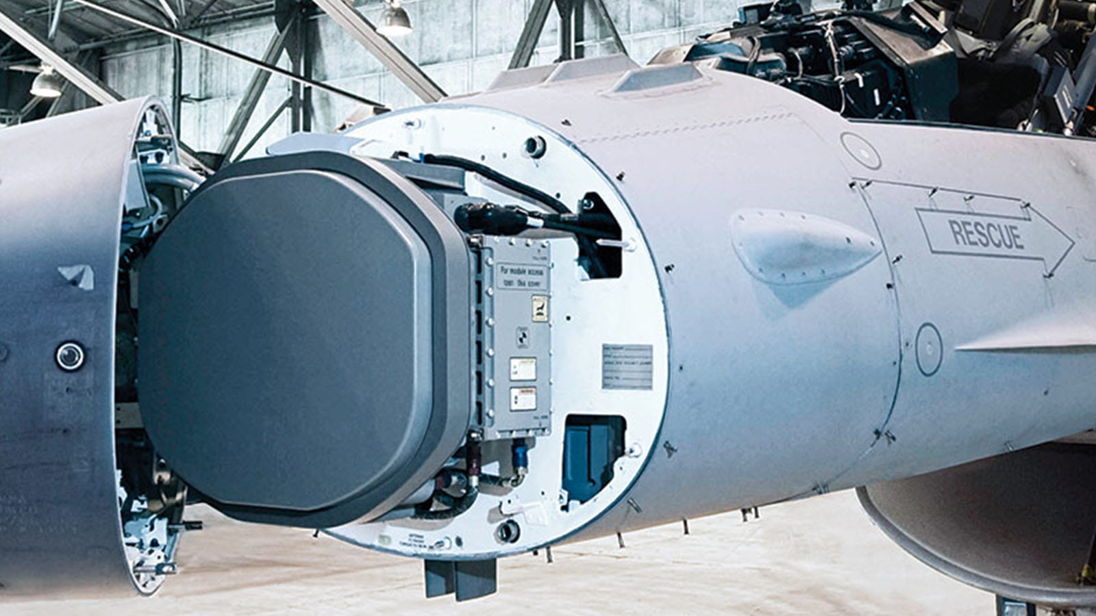 Raytheon Technologies’ advanced combat APG-84 radar installed into an F-16 Block 52 aircraft.