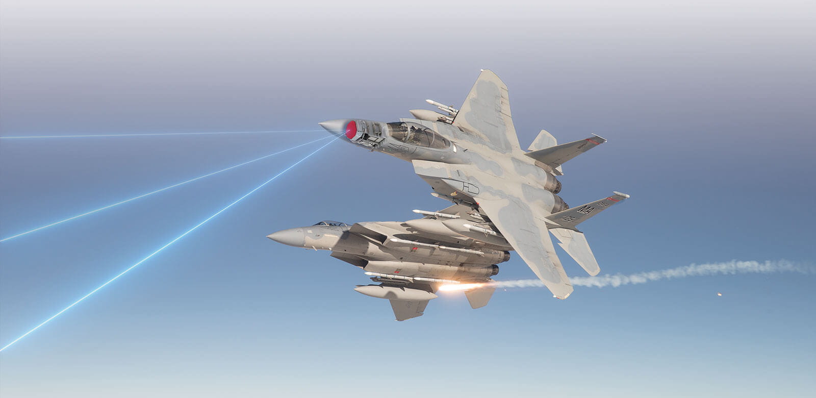 An artistic rendition of jets with radars, showing lasers to represent tracking.