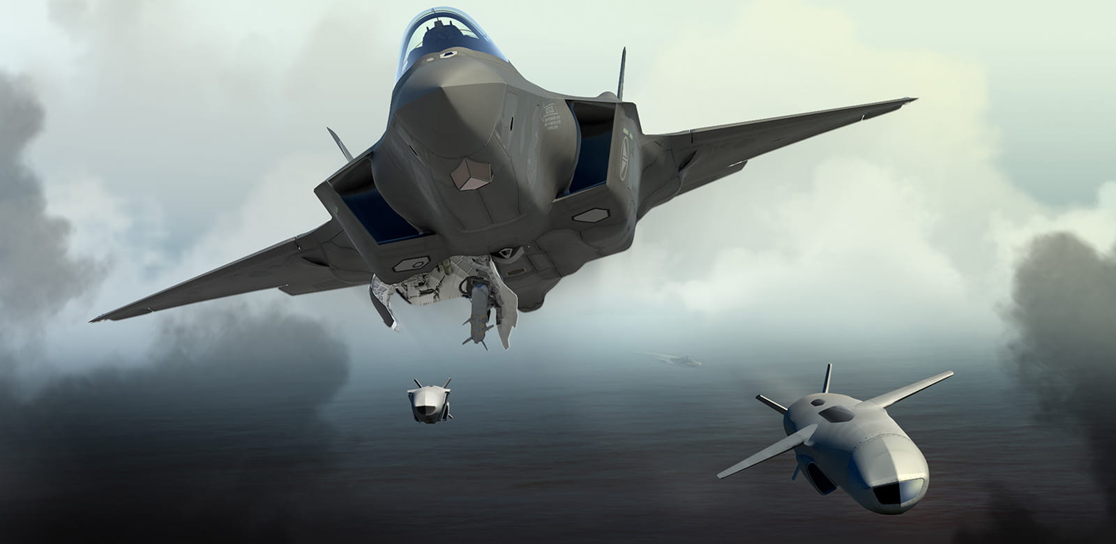 Artistic rendition of a fighter plane deploying missiles.