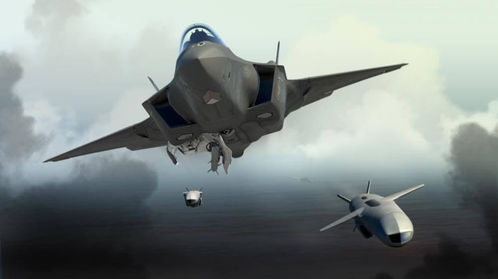 An F-35 launches two Joint Strike Missiles in this artist’s depiction.