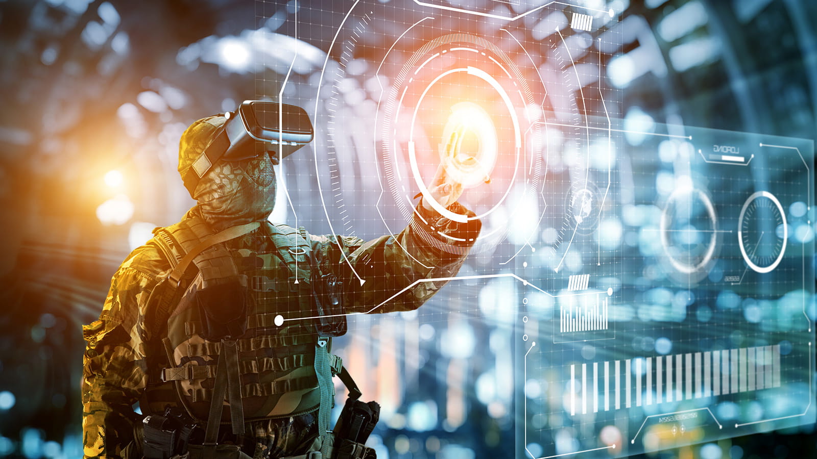 Soldier with VR gear and digital overlay