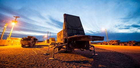 Patriot radar with a twilight sky in the background.