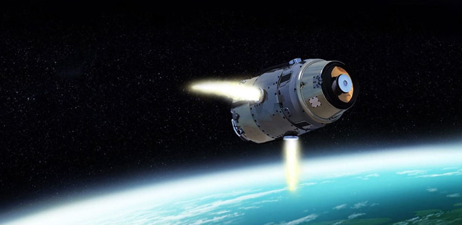 A rendering of an EKV missile flying through space. 