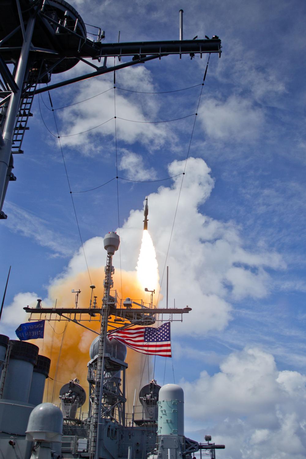 An SM-3 Block IB interceptor launches from the USS Lake Erie during a Missile Defense Agency test designed to hit a complex short-range ballistic missile target. (Photo: Missile Defense Agency)