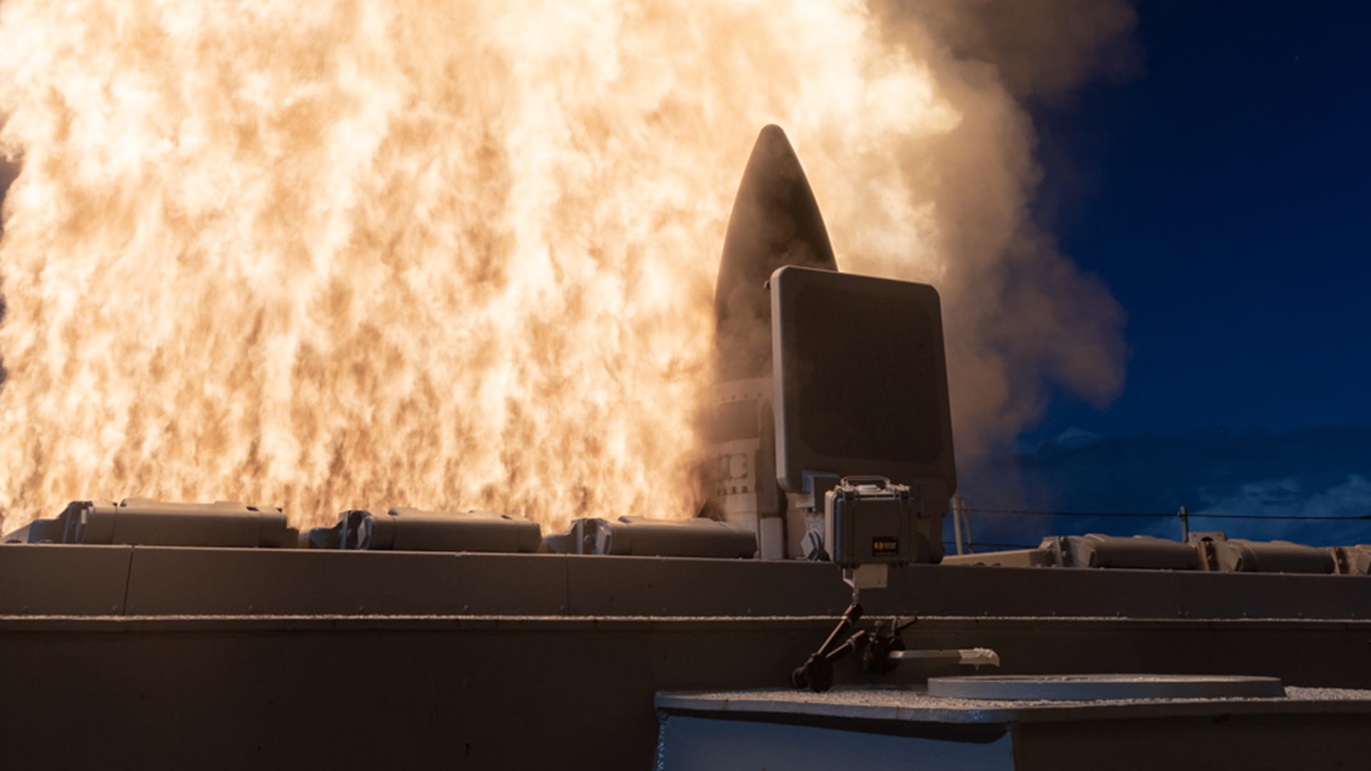 SM-3 launch with fiery exhaust plumes