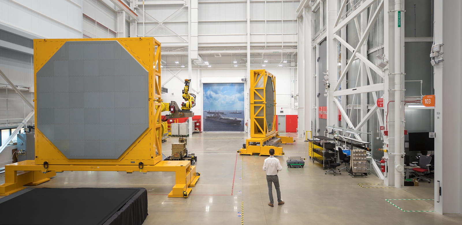 The US Navy's SPY-6 integrated air defense missile defense radar being manufactured at the Raytheon radar development facility in Andover, Massachusetts.