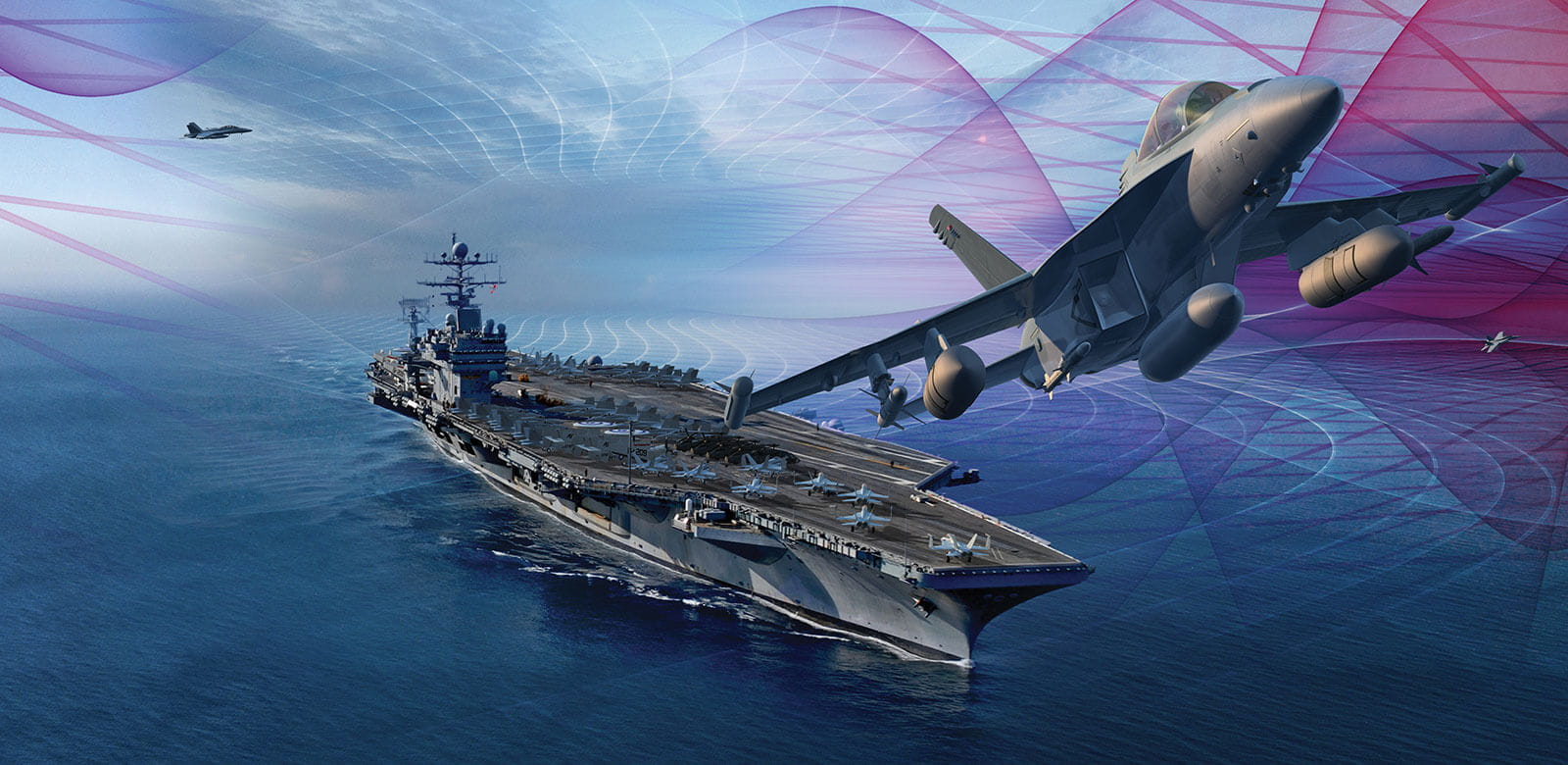 An artist rendition of a plane taking off from a ship, showing radar coverage.