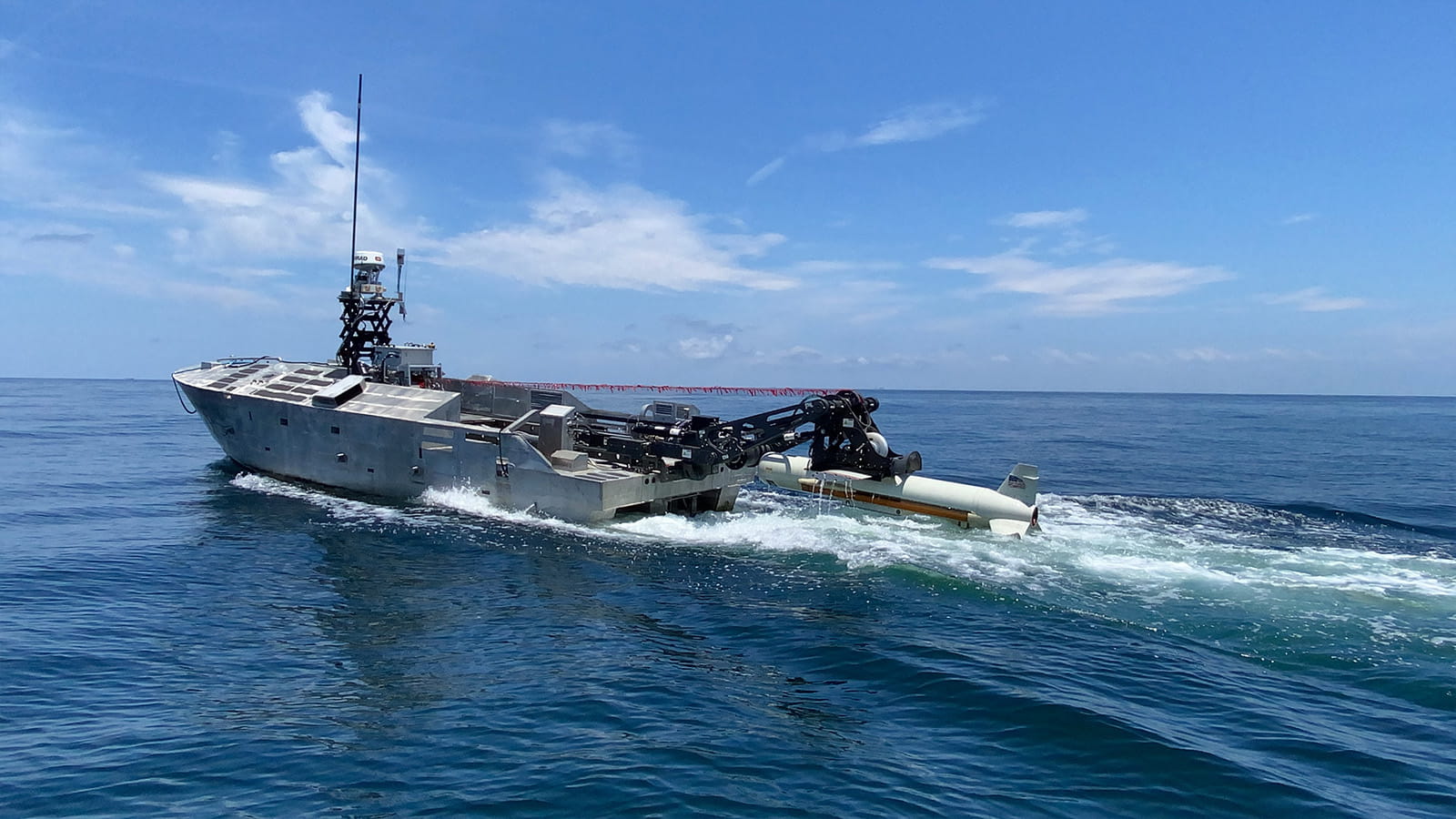 USV w/ AQS-20C Mine Hunt Payload Underway