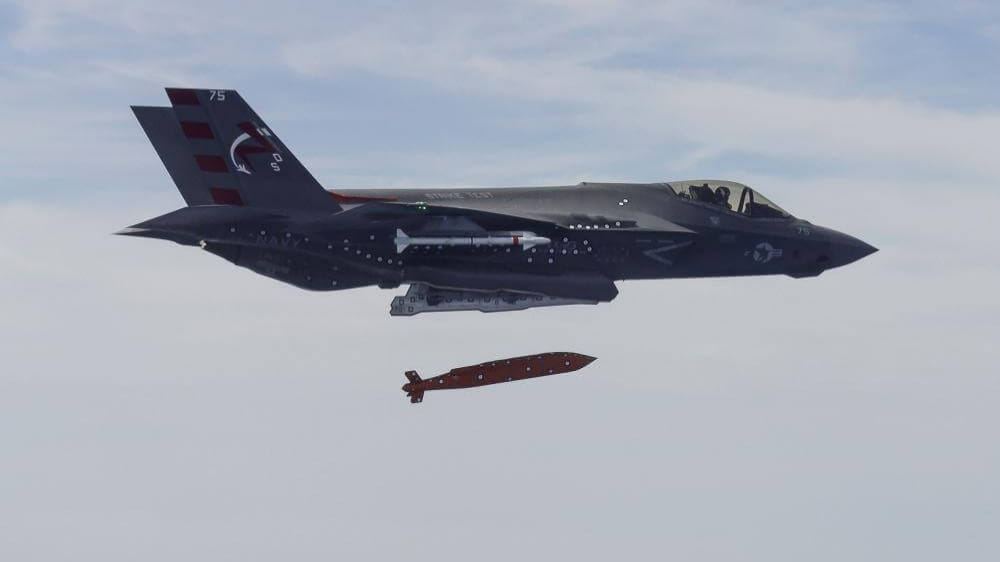 An F-35C Lightning II test aircraft conducts the first separation of a JSOW C system from an F-35 Joint Strike Fighter. (Photo: U.S. Navy)