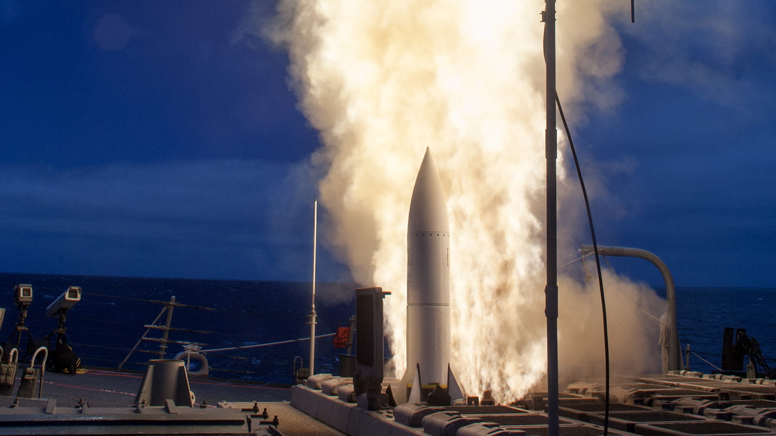 SM-6 launch at night, view from deck