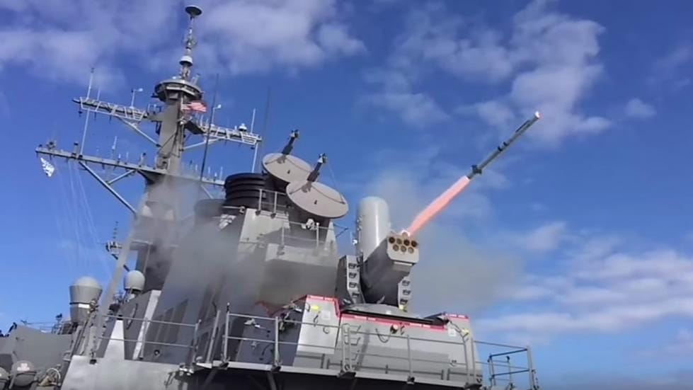 The SeaRAM® system, a new system for guided-missile destroyers, is test-fired from the Arleigh Burke-class guided-missile destroyer USS Porter (DDG 78) in Rota, Spain. (Photo: U.S. Navy)