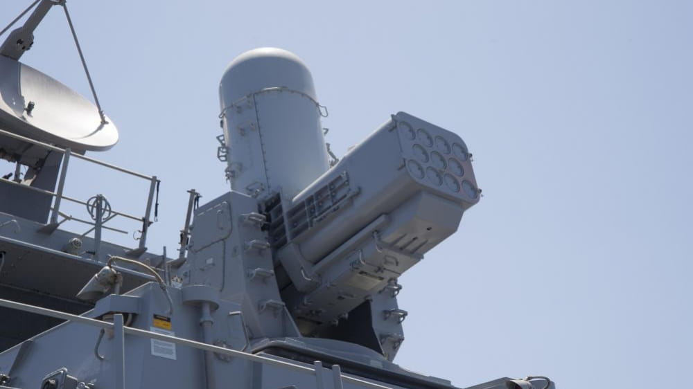 The SeaRAM above-deck system fits the footprint of the Phalanx® system, uses the same power and requires minimal shipboard modification. (Photo: U.S. Navy)