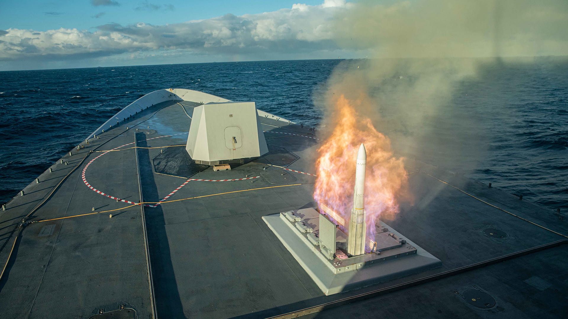 ESSM vertical missile launch from forward deck