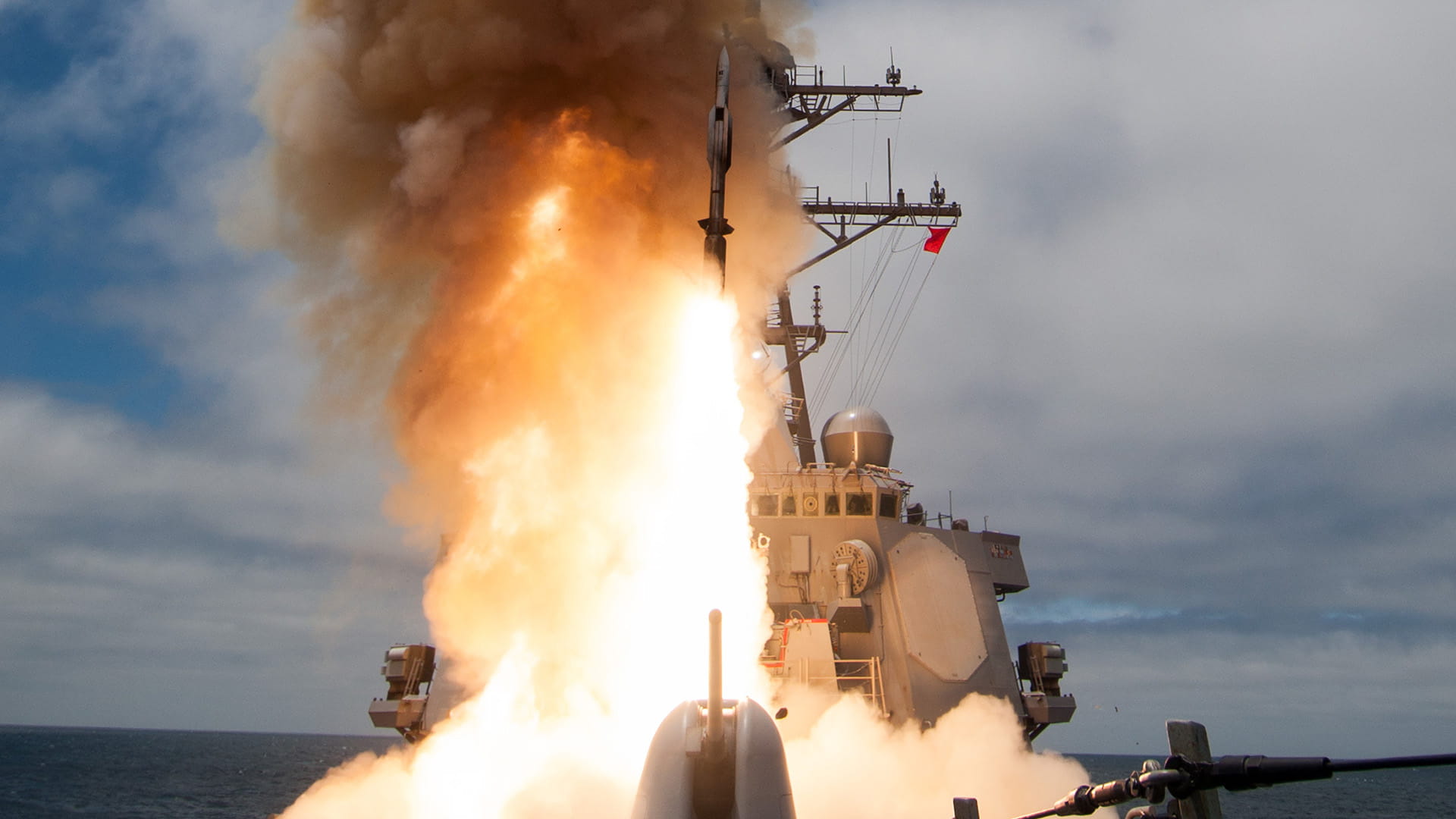 SM2 launch from deck with billowing smoke
