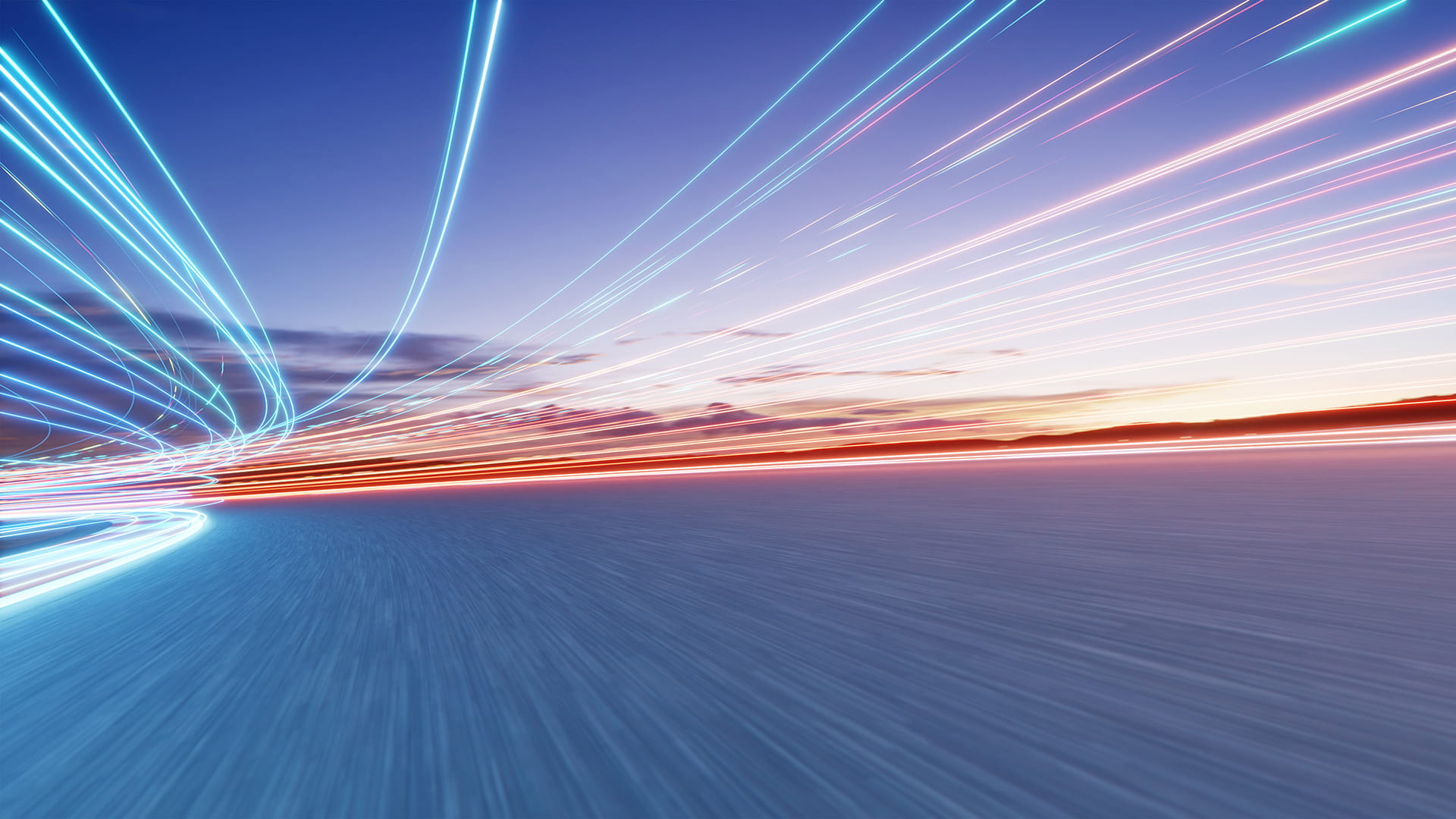 Light trails illuminating a racetrack during sunset in a 3D rendering