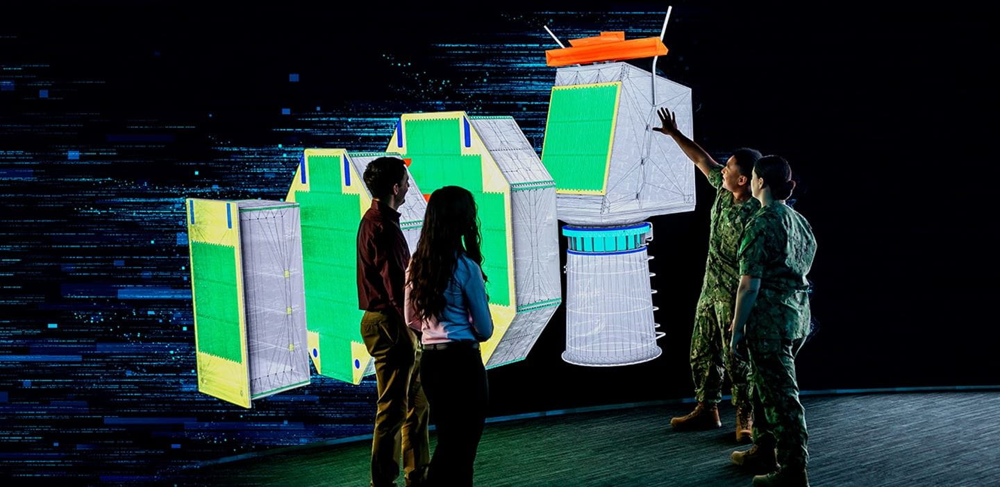 People collaborate in a digital environment, reviewing the U.S. Navy